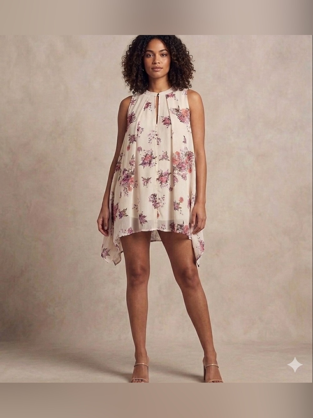 Free People Cream Floral Swing Dress with Pink and Red Blooms